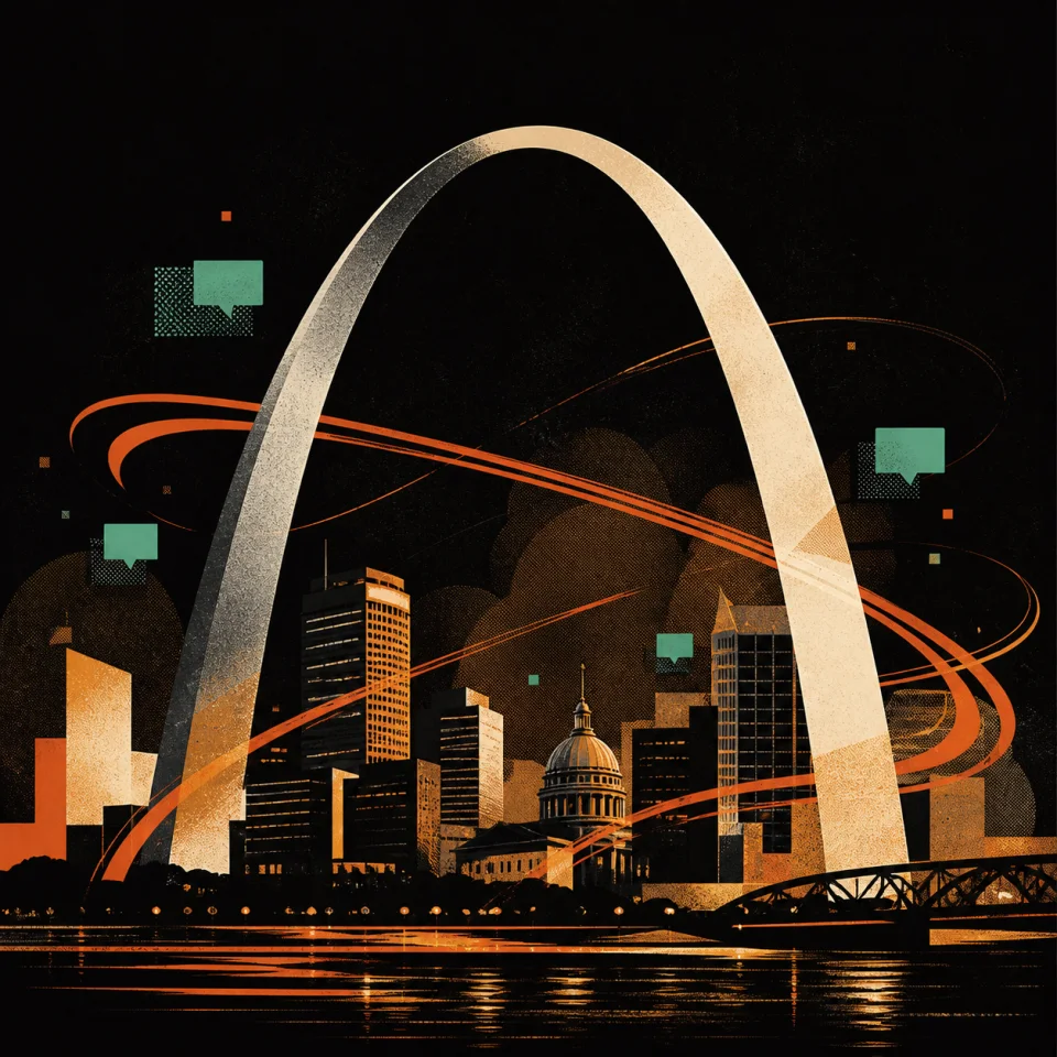 Illustrated St. Louis-inspired arch and skyline with orange light trails and mint chat shapes